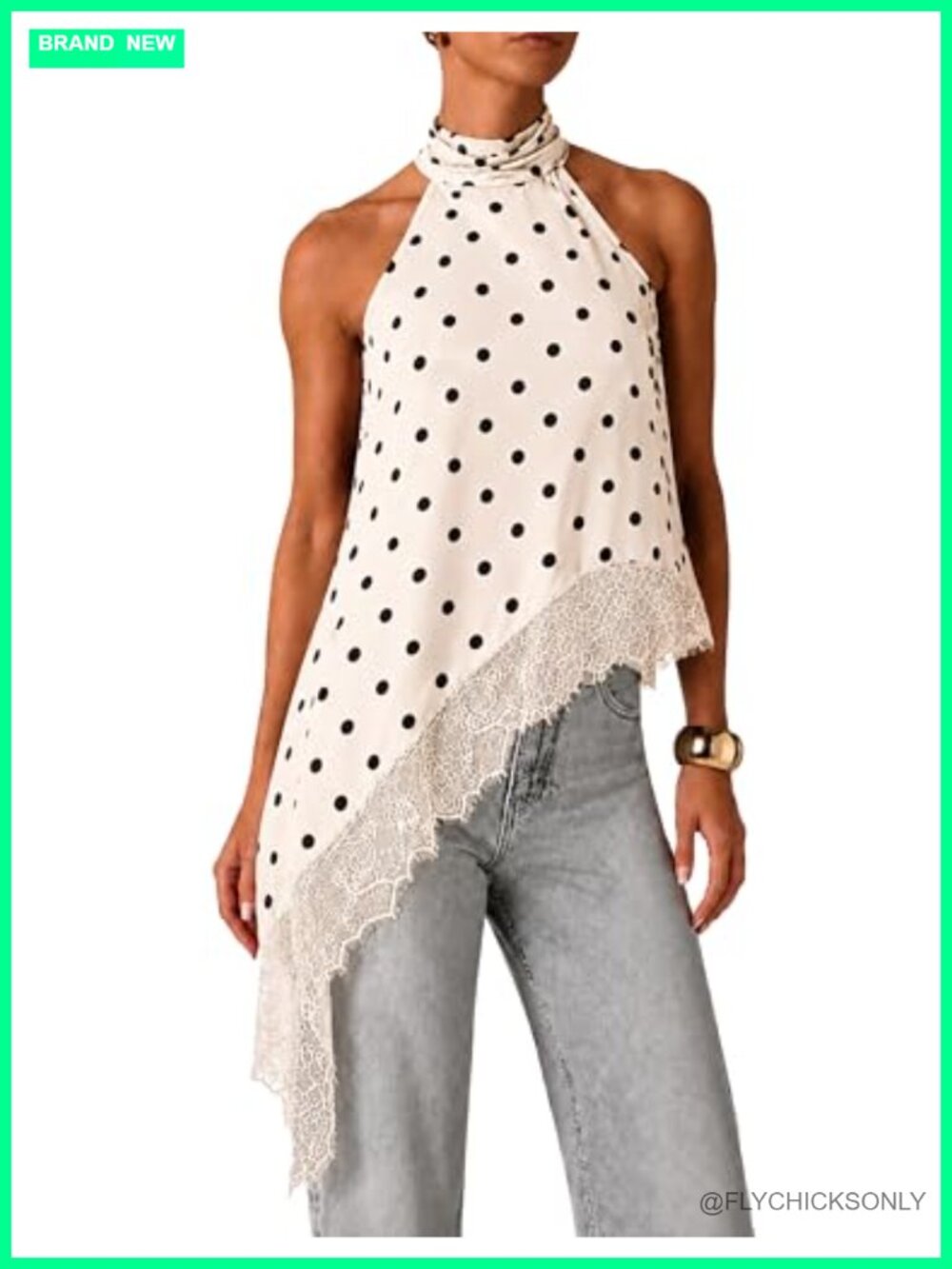 Satin Polka Dot Halter Top Lace Trim Asymmetrical Sleeveless Y2K Blouse